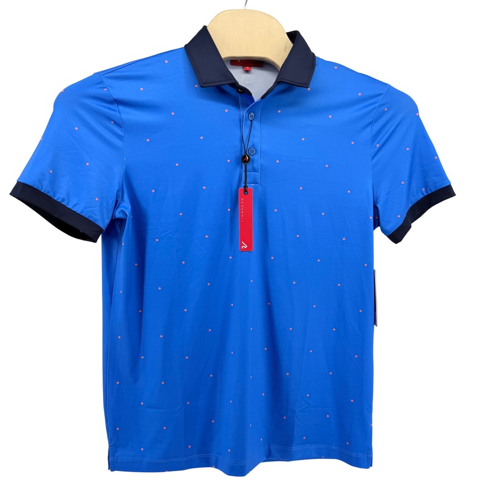 NEW REDVANLY Ramey Polo Mens Medium SS Marine Blue Orange Polka Dot R2516 Active
